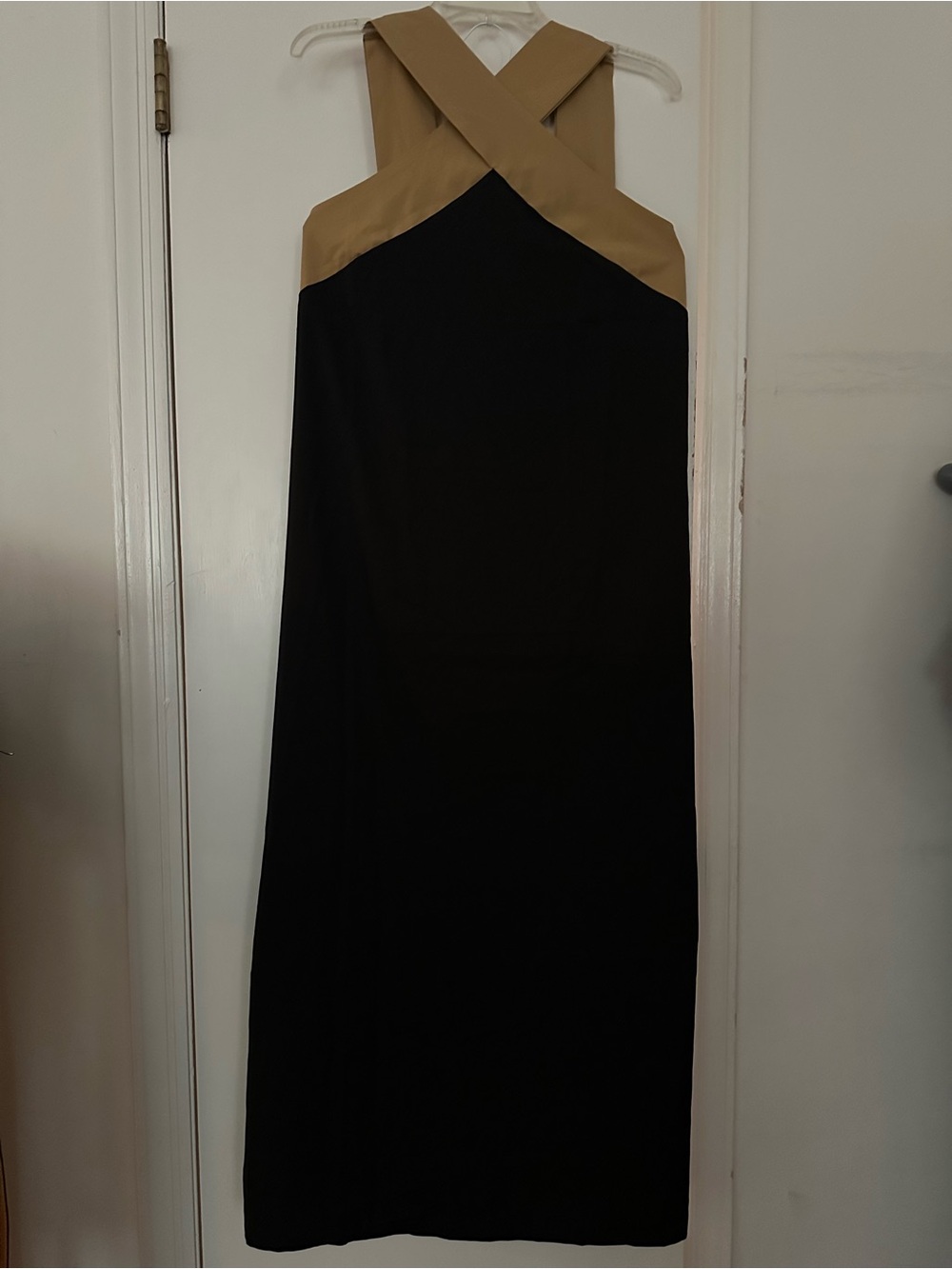 Sleeveless Black Maxi Dress with Tan Cross-Back Yoke